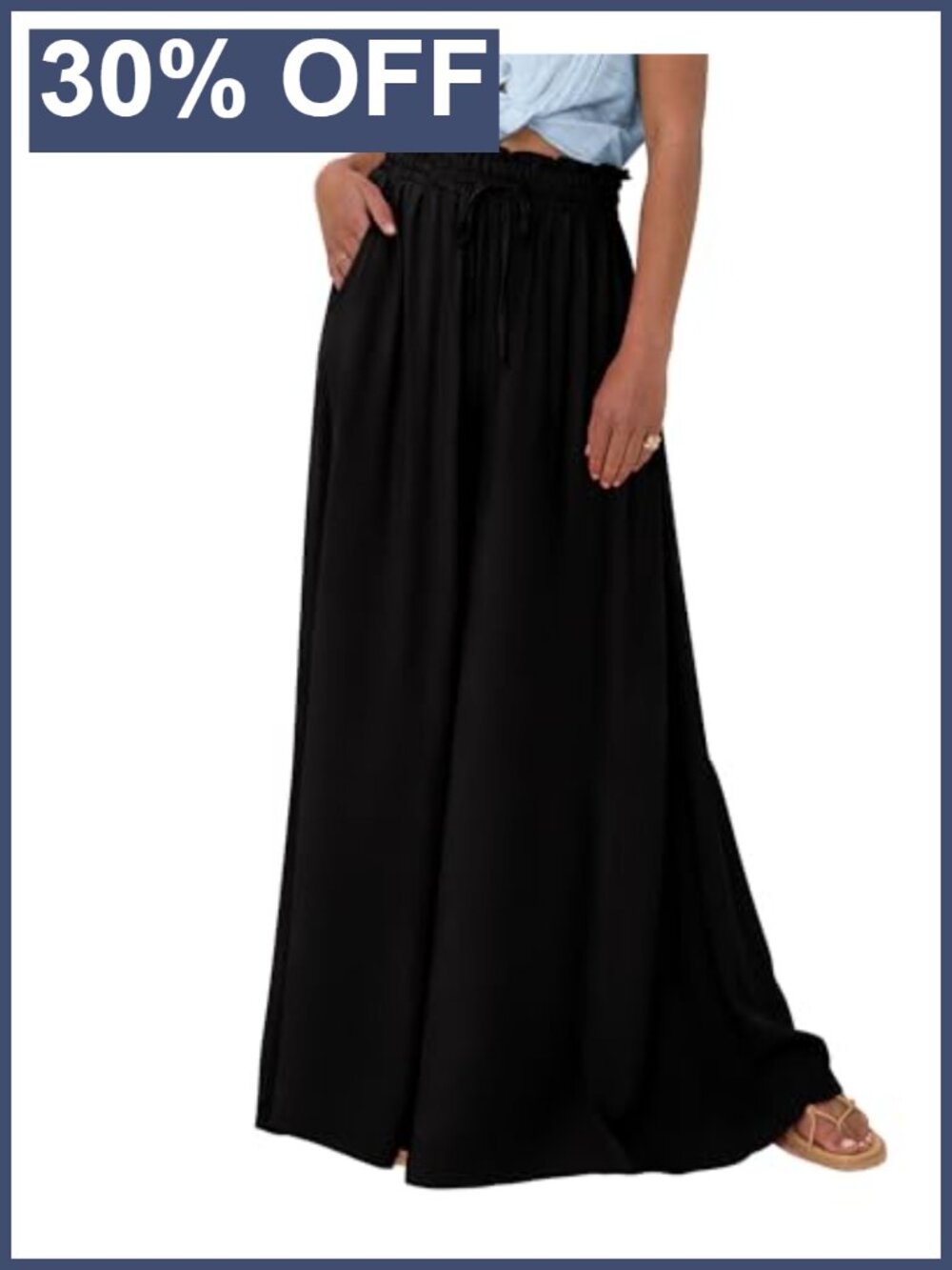 Wide Leg Palazzo Pants Drawstring Elastic Waist Side Pockets Flowy Trousers